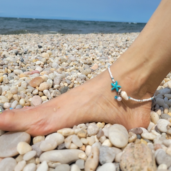 🐠🐟🐚White Turquoise Starfish Pearl Seashell Dangle Beachy Ankle Bracelet 🐚 - Picture 4 of 5